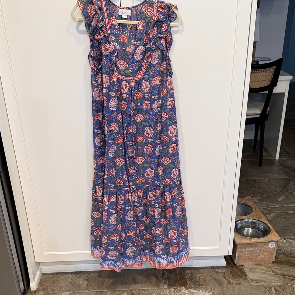 Velvet Blue Floral Dress with Coral and Green Print